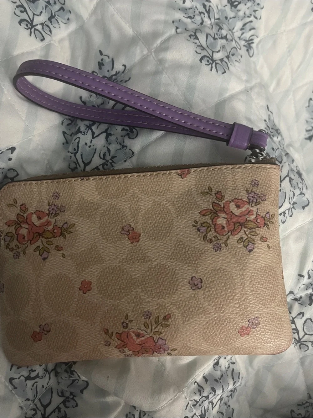 Coach Pink Floral Beige Wristlet with Purple Strap